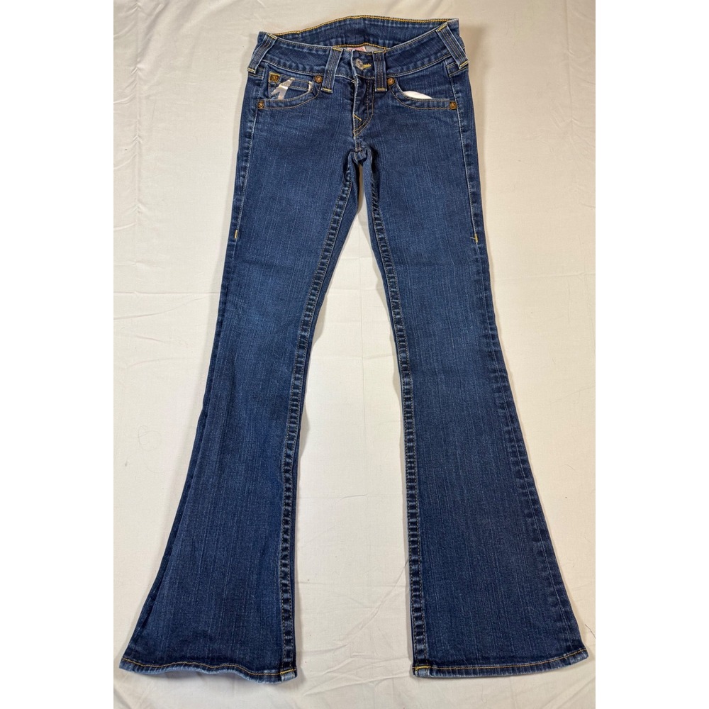 True Religion Womens Low Rise Flare Jeans Dark Wash Horseshoe Logo Size 28